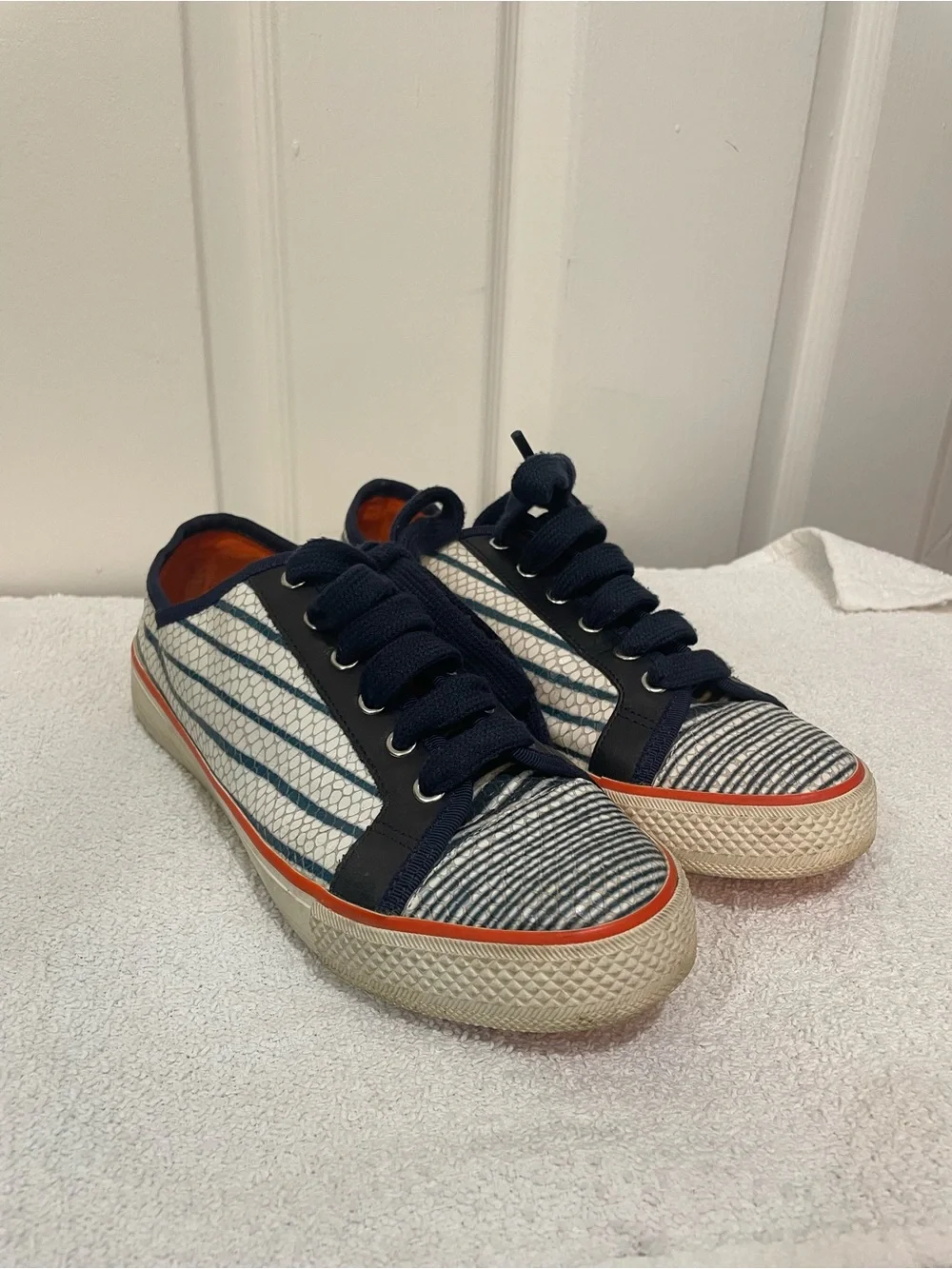 Tory Burch Navy, White and Orange Striped Low-Top Sneakers